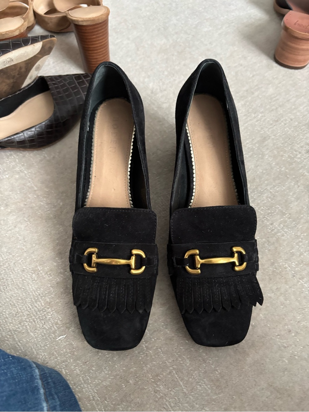 Boden Black Suede Fringe Loafers with Gold Bit